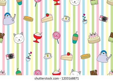 Seamless background pattern with sweet cute and colorful vector cartoon style