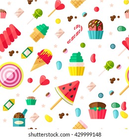 Seamless background pattern with sweets fruits on sticks cupcakes candies and some different confection vector illustration