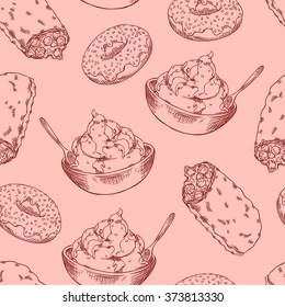 Seamless background with a pattern of sweets. Pie with berries, ice cream, donut.