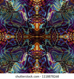 Seamless background pattern. Symmetric mosaic art pattern of different tile textures. Art Nouveau style.