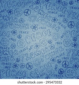 Seamless background pattern. Texture of denim fabric with the doodles.