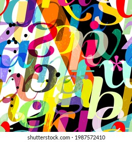 seamless background pattern, with tiangles, letter, alphabetic character, paint strokes and splashes