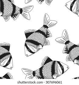 Seamless background with a pattern of the tiger barb. Graphic art. Hand drawn