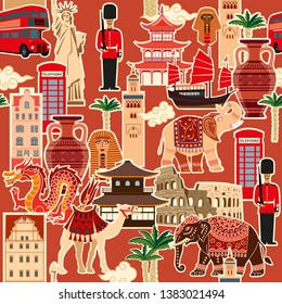 Seamless background pattern of tourist national objects of different states. Vector color graphics