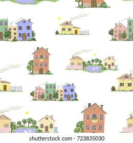 Seamless background pattern with town and village houses in vector