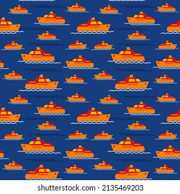 Seamless background pattern. Toy colored boats on a dark blue background. Modern textile background, gift wrapping, children's paper packaging, design concept. Vector illustration.