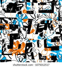 seamless background pattern, with trapeze, ornaments, paint strokes and splashes, retro style