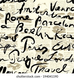 Seamless background pattern. Travel background with inscriptions name of cities