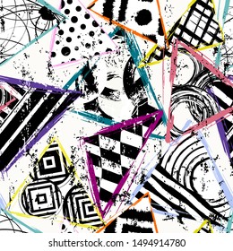 seamless background pattern, with triangles, circles, paint strokes and splashes, black and white