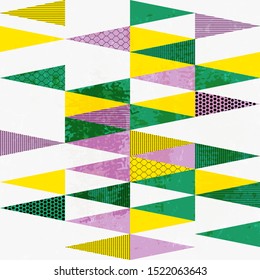 seamless background pattern, with triangles, circles, stripes, strokes and splashes, retro/vintage style