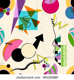 seamless background pattern, with triangles, circles, strokes and splashes