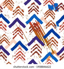 seamless background pattern, with triangles, paint strokes and splashes, retro style