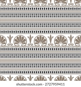 Patrón de fondo sin fisuras. Textura de Vector étnico tribal. Estilo azteca. Patrón de Vector sin costuras con adornos griegos. СFronteras griegas clásicas: meandro, palmeta y adornado patrón floral negro dorado