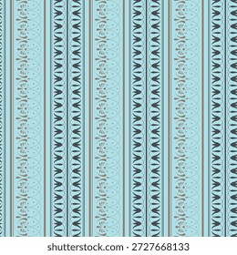 Patrón de fondo sin fisuras con motivo tribal. Patrón de rayas de Vertical en azul claro. Delicados rollos dorados y bordes de tulipán anthemion estilizados de color gris oscuro, separados por bandas de Vertical. Azulejo, textil