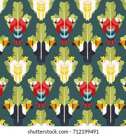 Seamless background pattern with tropical birds. Parrot, toucan, cockatoo vector geometric illustration.