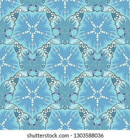 Seamless background pattern with tropical flowers and leaves in gray, white and blue colors. Vector illustration.