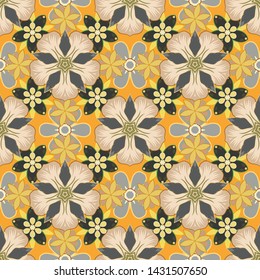 Seamless background pattern with tropical flowers and leaves in gray, beige and yellow colors. Vector illustration.