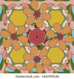 Seamless background pattern with tropical flowers and leaves in pink, orange and yellow colors. Vector illustration.