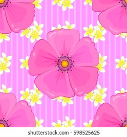 Seamless background pattern with tropical flowers and leaves on a pink background. Vector illustration.