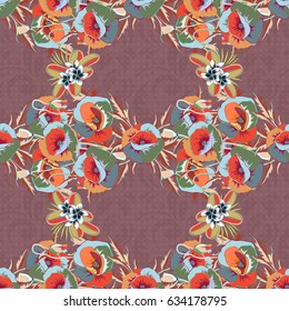 Seamless background pattern with tropical flowers and leaves in orange and green colors. Vector illustration.
