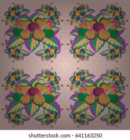 Seamless background pattern with tropical flowers and leaves in pink and green colors. Vector illustration.