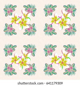 Seamless background pattern with tropical flowers and leaves in green and yellow colors. Vector illustration.
