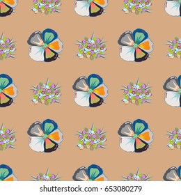 Seamless background pattern with tropical flowers and leaves in green and blue colors. Vector illustration.