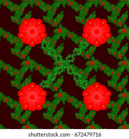 Seamless background pattern with tropical flowers and leaves on a brown background. Vector illustration.