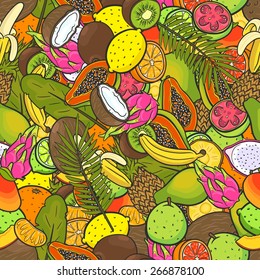 Seamless background with a pattern of tropical fruits. Pineapple, banana, lemon, lime, orange, grapefruit, coconut, papaya, kiwi, pitahaya, mango, guava, tangerine.