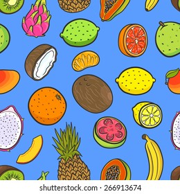Fundo sem costura com um padrão de frutas tropicais. Abacaxi, banana, limão, limão, laranja, toranja, coco, mamão, kiwi, pitaiaiá, manga, goiaba, tangerina.