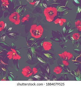 Patrón de fondo sin foco con flores tulipanas, hojas en verde vintage. Ilustración dibujada a mano. vector - material.