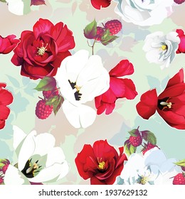 
Seamless background pattern with tulips flowers, leaves and strawberry on white. Watercolor illustration. Vintage style, pure vector.