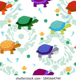 Seamless background, pattern with turtles on a white background with blue patterns and mosaics. This pattern can be used for wallpapers, patterns, web page backgrounds, surface textures.