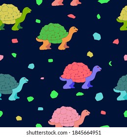 Seamless background, pattern with turtles on a dark blue background. This pattern can be used for wallpapers, patterns, web page backgrounds, surface textures.