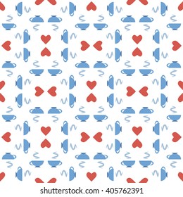 Seamless background, pattern. Two cups of tea and heart. Subject: tea party, dating, love, date.