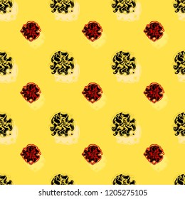 Seamless background pattern with a variety of colored floral motifs.