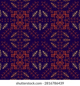 Seamless background pattern with a variety of dark blue tones in pixels. Cross-stitch design for interior design and textiles. Stitchwork wallpaper. Quilt wallpapers. Knitted sweaters.