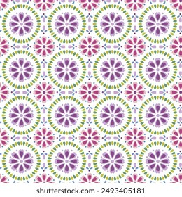 Seamless background pattern with a variety of multicolored lines. seamless dotted abstract vector illustration of decorative purple with green  flowers on light white background used for textile.