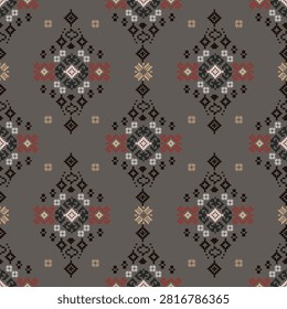 Seamless background pattern with a variety of multicolored squares in pixels. Cross-stitch design for cards, tiles, interior design, and textiles. Stitchwork wallpaper. Quilt wallpapers. Knitwear.