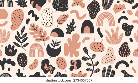 Padrão de fundo sem costura com várias formas orgânicas abstratas arco-íris e folhas em tons terrosos como preto bege e terracota.