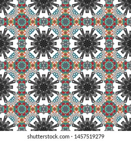 Seamless background pattern. Vector abstract colorful painted kaleidoscopic graphic background. Folk ethnic floral ornamental mandala in blue, gray and beige colors.