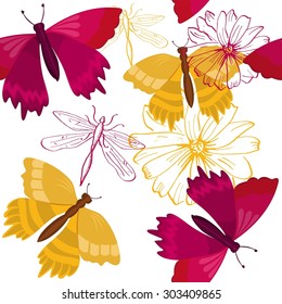 Seamless background pattern of vector butterflies, dragonflies and flowers