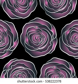 Seamless background pattern. Vector illustration. Hand drawn elements. Roses pink and blue on a black.