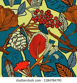 A seamless background pattern of vector  leaves and berries, autumnal repeat print