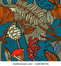 A seamless background pattern of vector  leaves and berries, autumnal repeat print
