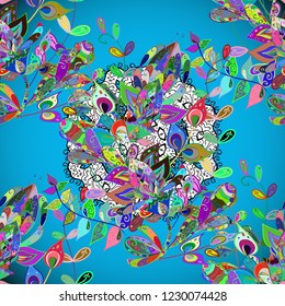 Seamless background pattern. Vector - stock. Flowers with leaves and chamomile with cornflowers on blue, green and violet colors.