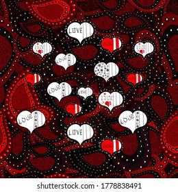 Seamless background pattern. Vector - stock. Doodles on white, red and black colors. Watercolor, hand drawn.