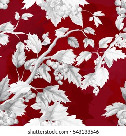 Seamless background pattern. Vector - stock. Abstract illustration of berry tree with leaves and berries on deep rich red. Watercolor. Vector - stock.