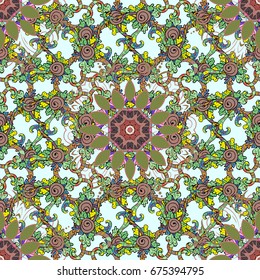 Seamless background pattern. Vector - stock. Flowers with leaves and chamomile with cornflowers on colorful background.