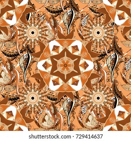 Seamless background pattern. Vector - stock. Flowers of the valley on brown, beige and orange colors. Watercolor, hand drawn.